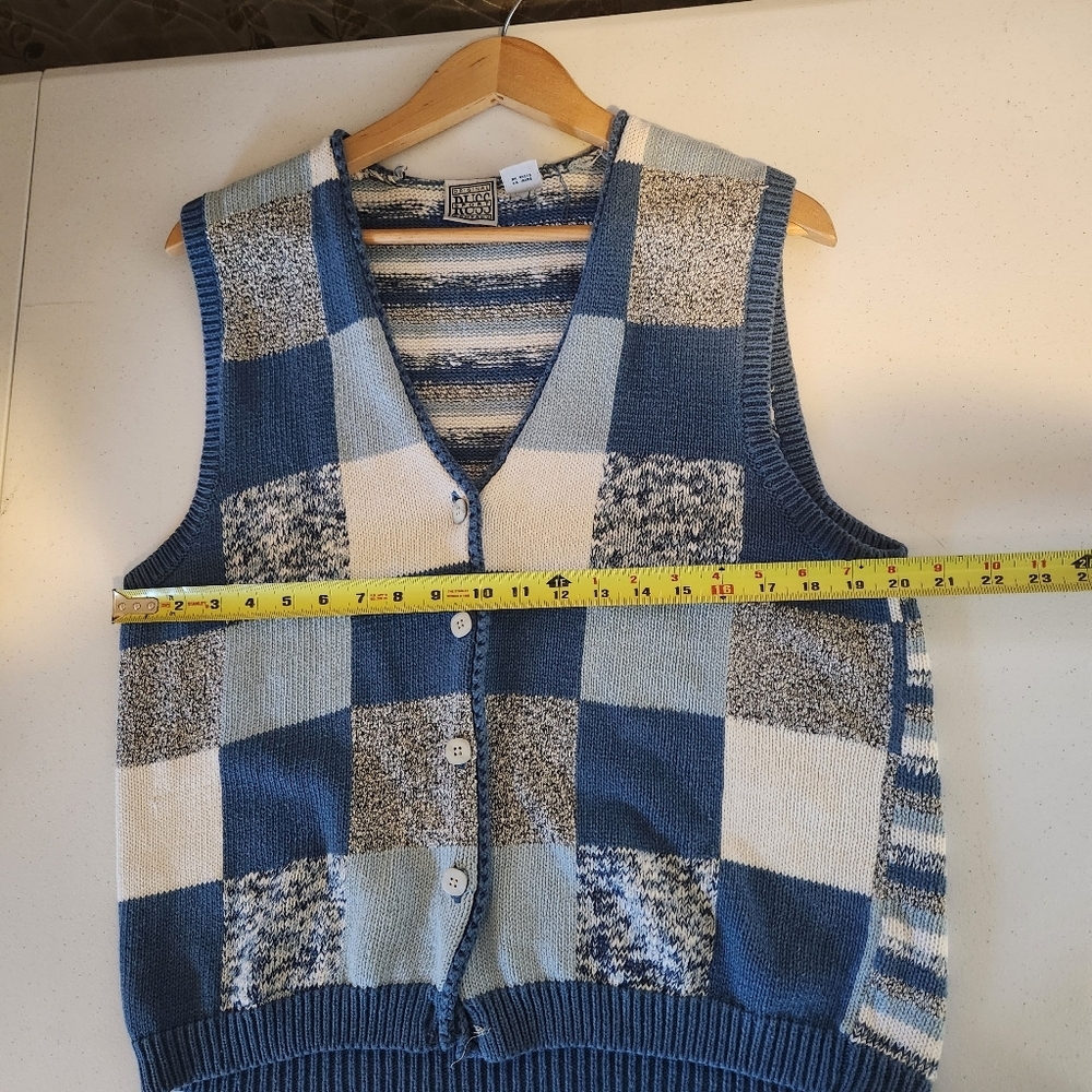 Vintage 90s Patchwork Blue Knit Sweater Vest Cardigan Size Large Cottagecore - Picture 6 of 7